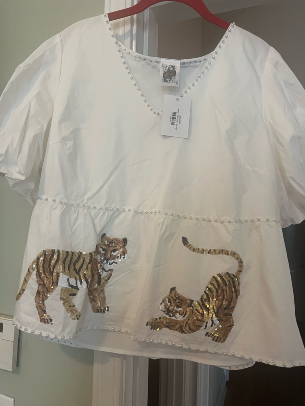 Queen of Sparkles White Sequin Tiger Peplum Top